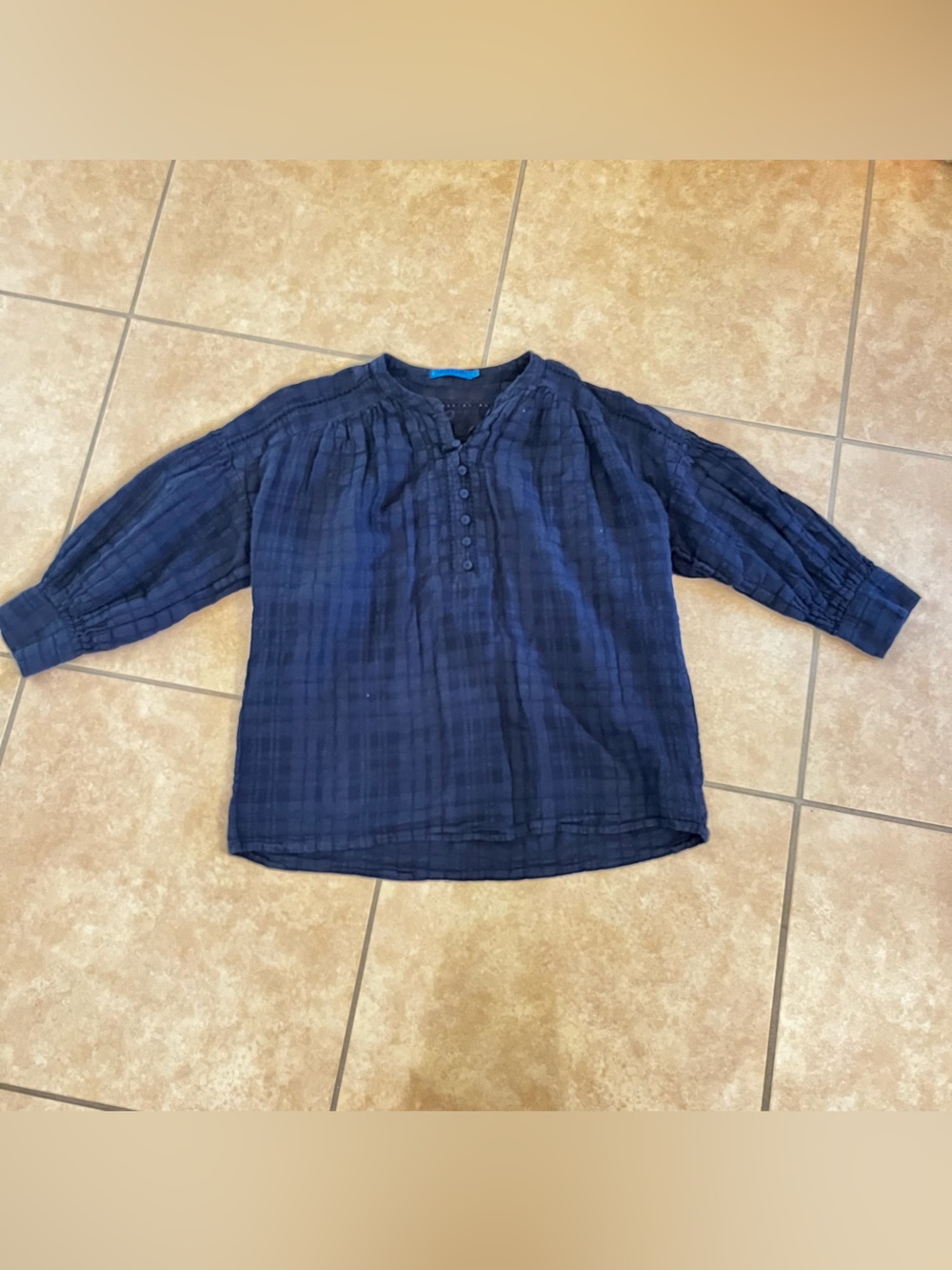 J. McLaughlin Ushi Linen-Blend Blouse Button Front 3/4 Sleeve Semi Sheer Navy M